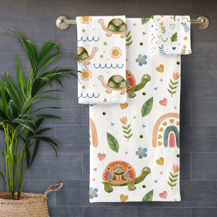 Conjunto De Toalhas Bonito Aquarela Tartaruga e Padrão Arco-Íris