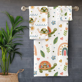 Conjunto De Toalhas Bonito Aquarela Tartaruga e Padrão Arco-Íris