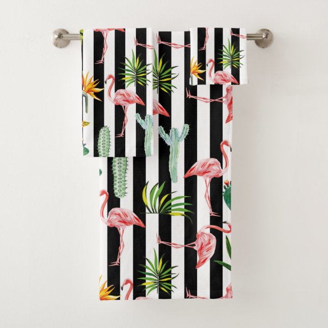 Conjunto De Toalhas Bonito faixas brancas pretas com Flamingo Cactus (Insitu)