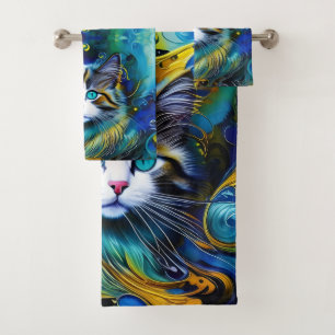 Conjunto De Toalhas Bonito Gato Místico em Blues e Goldes