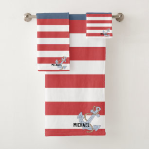 Conjunto De Toalhas Bonito monograma com Marinho de Âncora e vermelho