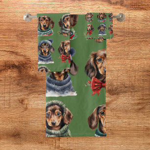 Conjunto De Toalhas Bonito Natal Verde Dachshund