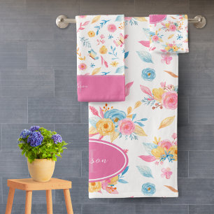 Conjunto De Toalhas Bonito Padrão Floral Rosa Monograma Banheiro