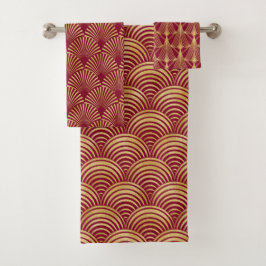 CONJUNTO DE TOALHAS BONITO VERMELHO E DOURADO FAN OLHA PARA OS PADRÕES