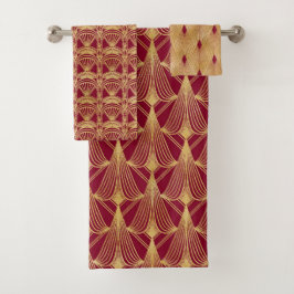 CONJUNTO DE TOALHAS BONITO VERMELHO E DOURADO FAN OLHA PARA OS PADRÕES