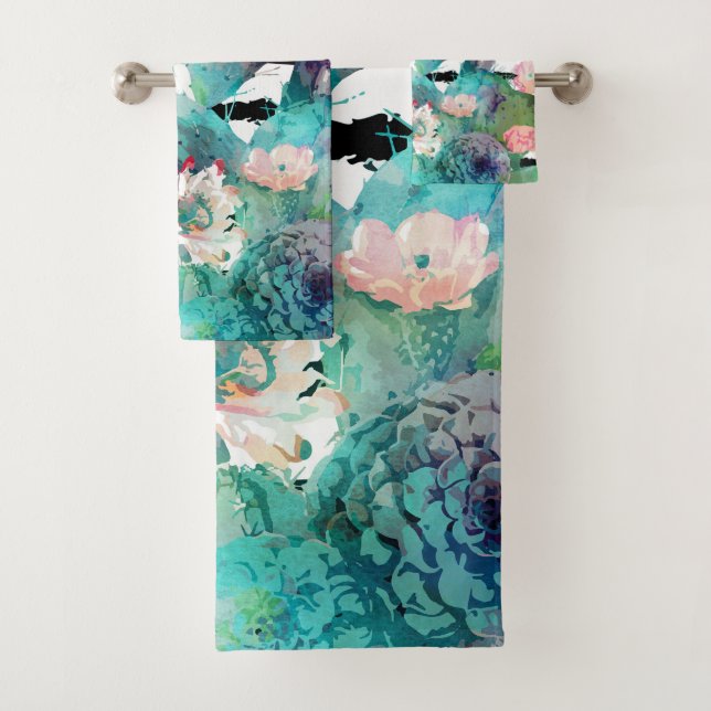 Conjunto De Toalhas Bonito Watercolor Cactus Floral Black Stripes (Insitu)
