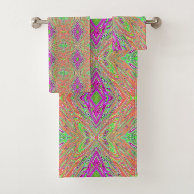 Conjunto De Toalhas Borboleta Abstrata Verde Lima e Laranja Trippy (Insitu)