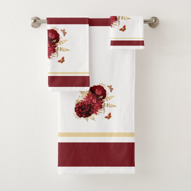 Conjunto De Toalhas Borboleta Floral Dourada rosa Vermelha (Insitu)