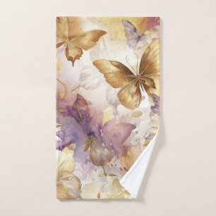 Conjunto De Toalhas Borboleta Roxo e Dourado Aquarela Borboletas