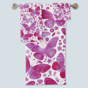 Conjunto De Toalhas Borboletas Aquarela Magenta Rosa