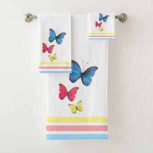 Conjunto De Toalhas Borboletas Azuis Vermelhas Amarelas