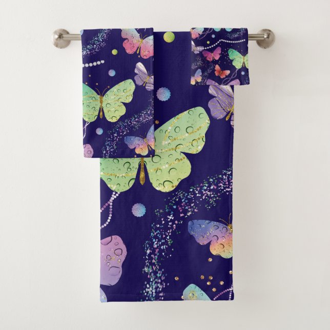 Conjunto De Toalhas Borboletas Brilhantes Roxas e Azuis Elegantes (Insitu)