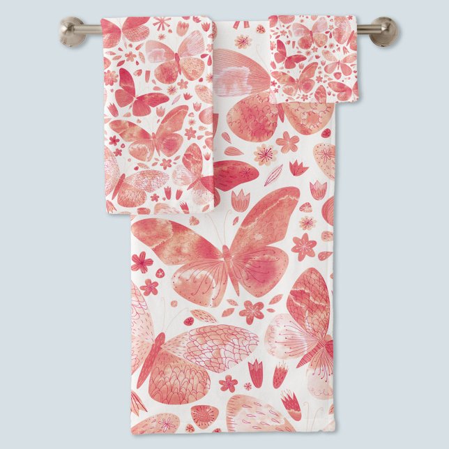 Conjunto De Toalhas Borboletas Cores Aquáticas Cor de Rosa (Coral blush pink and white watercolor butterfly towel set)