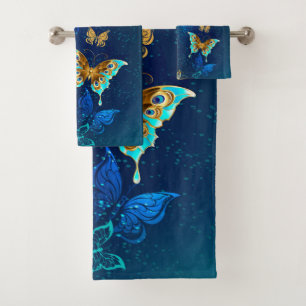 Conjunto De Toalhas Borboletas de Ouro em um fundo azul