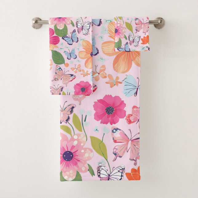 Conjunto De Toalhas Borboletas e flores de banho, rosa (Insitu)