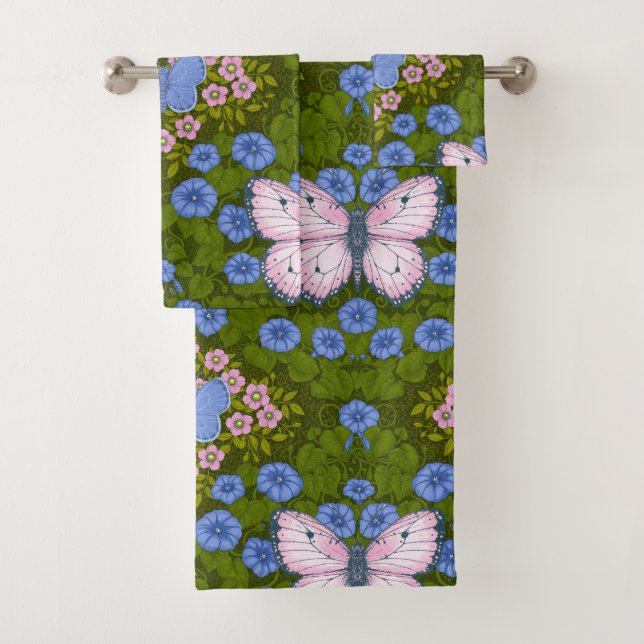 Conjunto De Toalhas Borboletas e flores simetria, azul e rosa (Insitu)