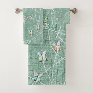 Conjunto De Toalhas Borboletas em Verde-Menta em Aquarela
