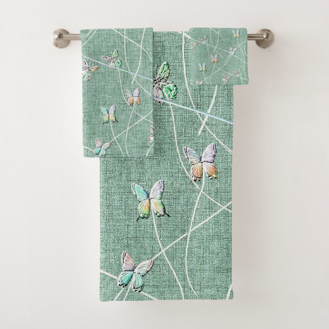 Conjunto De Toalhas Borboletas em Verde-Menta em Aquarela (Insitu)