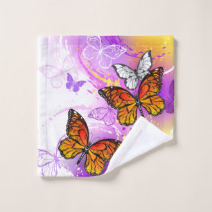 Conjunto De Toalhas Borboletas Monarcas em Fundo Roxo
