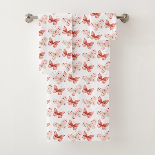 Conjunto De Toalhas Borboletas Rosa Bege Vermelho   (Insitu)