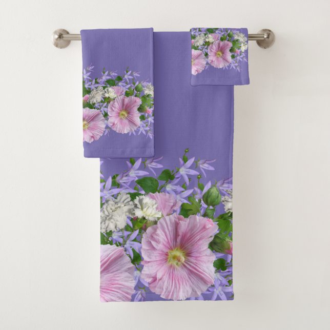 Conjunto De Toalhas Borda Floral Hollyhocks no Fundo Periwinkle (Insitu)