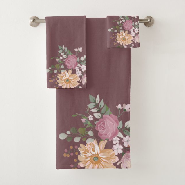 Conjunto De Toalhas Bordas Florais de Folhagem Rosa-Rosa Dusty (Insitu)