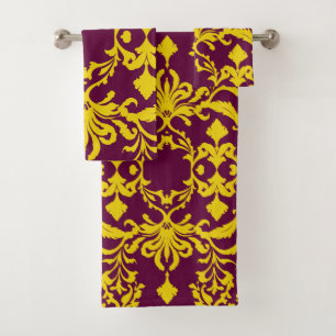 Conjunto De Toalhas Borgonha e Dourado Damasco Real