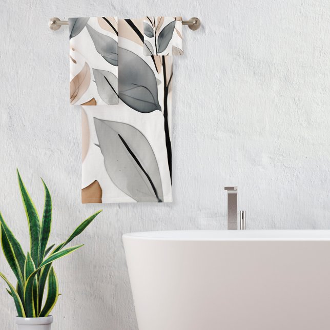 Conjunto De Toalhas Botânica da Natureza (Nature's Botanicals is a pretty towel set featuring shades of gray and beige on a white background.)