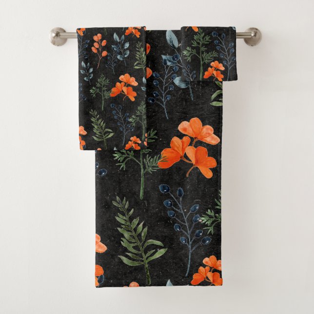 Conjunto De Toalhas Botânica florescente Laranja Verde Floral Preto (Insitu)