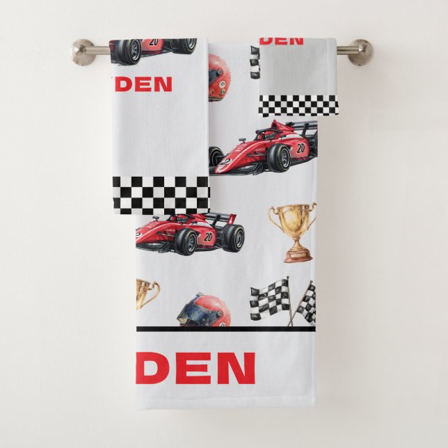 Conjunto De Toalhas Boys Red Racing Car Pattern Personalised  (Insitu)