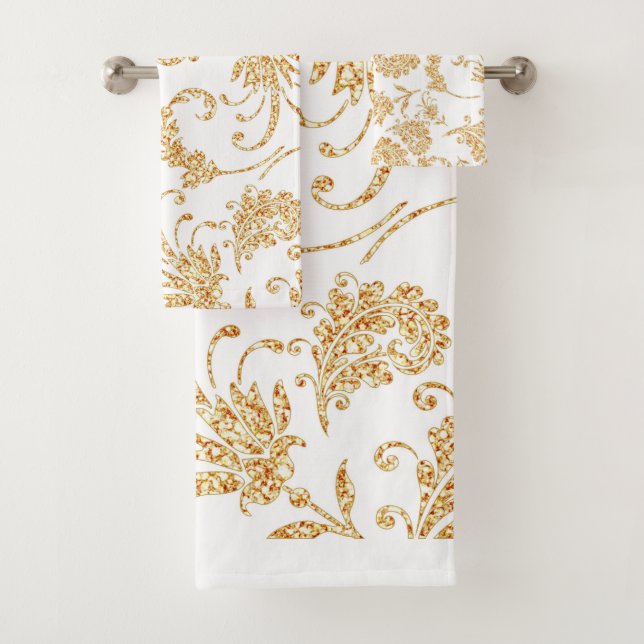 Conjunto De Toalhas Branco Floral Elegante Dourado (Insitu)