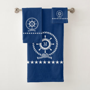 Conjunto De Toalhas Branco Sobre O Monograma Do Nó De Roda Náutica Azu