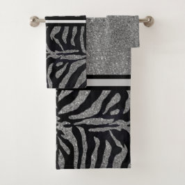 Conjunto De Toalhas Brilhante Prata Chic com Zebra Preta / Chic