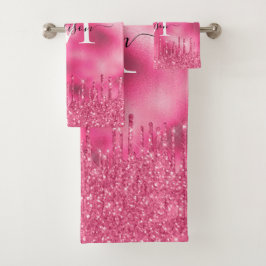 Conjunto De Toalhas Brilhante Rosa Quente Metálico de Monograma