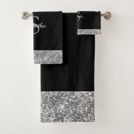Conjunto De Toalhas Brilho Chic Gotas de Brilho Monograma Prata Preto