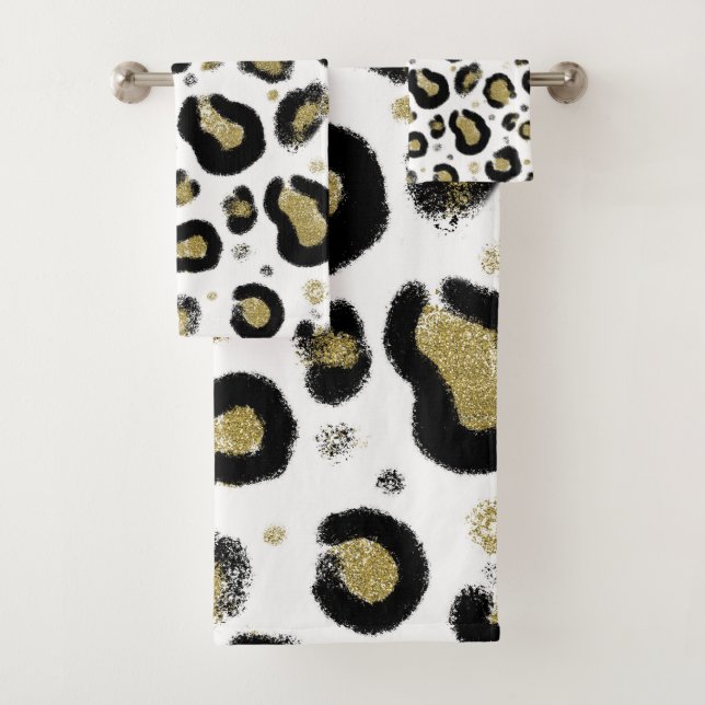 Conjunto De Toalhas Brilho de Ouro Branco e Impressão de Leopardo Pret (Insitu)