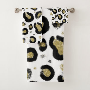 Conjunto De Toalhas Brilho de Ouro Branco & Estampa de Leopardo Preto 