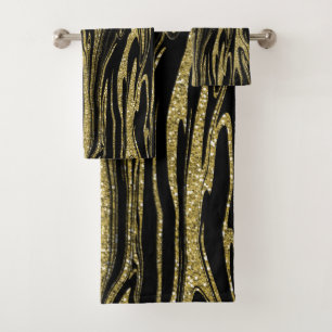 Conjunto De Toalhas Brilho Dourado Líquido Preto Glam Moderno