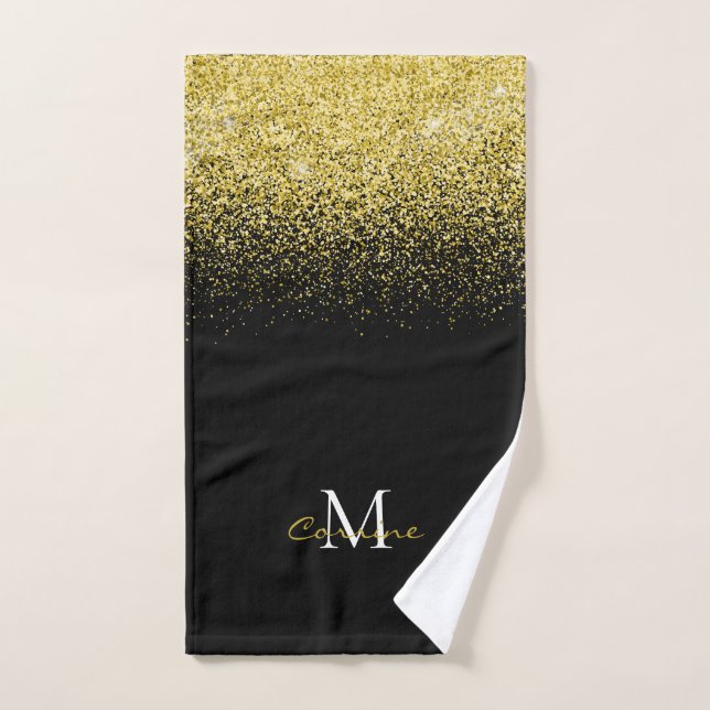 Conjunto De Toalhas Brilho Dourado metálico em preto monograma (Toalha de mão)