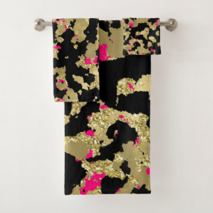 Conjunto De Toalhas Brilho Dourado Preto Rosa Quente Abstrato Descasca