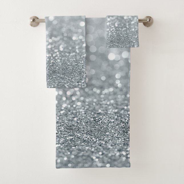 Conjunto De Toalhas Brilho Glamour Bokeh Prateado Branco na Moda (Insitu)