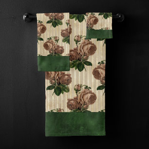 Conjunto De Toalhas Bruxa Rosa Floral   Creme rosa e verde