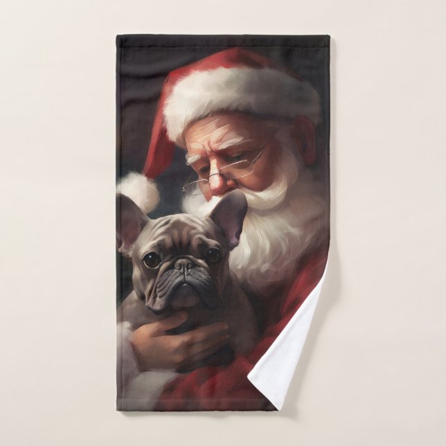 Conjunto De Toalhas Buldogue Francês com Papai Noel Natal Festivo (Toalha de mão)
