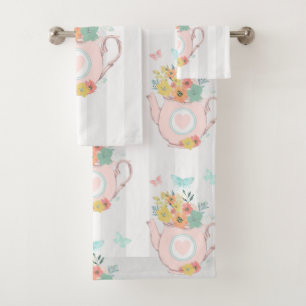 Conjunto De Toalhas Bule rosa com flores e borboletas