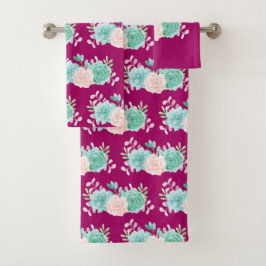 Conjunto De Toalhas Buquê Floral Rosa e Verde sobre Fundo Magenta