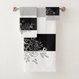 Conjunto De Toalhas Buquê Preto Branco Listras Cinzas