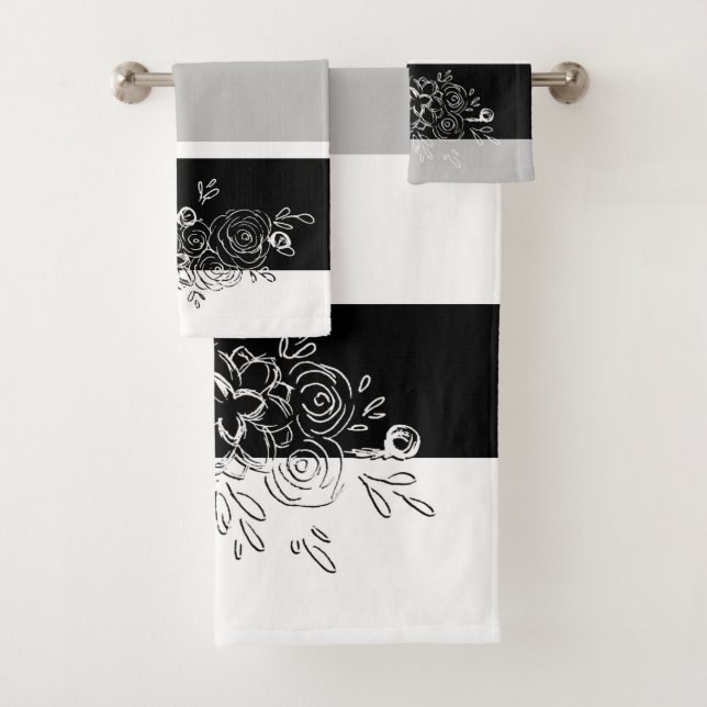 Conjunto De Toalhas Buquê Preto Branco Listras Cinzas (Insitu)