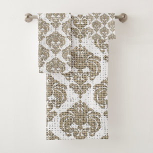 Conjunto De Toalhas Burlap Rústico & Damasco Branco Glam Royal