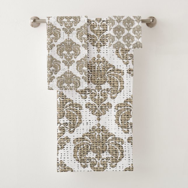 Conjunto De Toalhas Burlap Rústico & Damasco Branco Glam Royal (Insitu)
