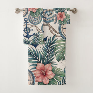 CONJUNTO DE TOALHAS BÚSSOLA NÁUTICA FLORES E FOLHAS TROPICAIS